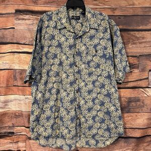 "At Ease" Mens XXL Blue Cream Geometric Floral Print Short Sleeve Shirt Hypnotic